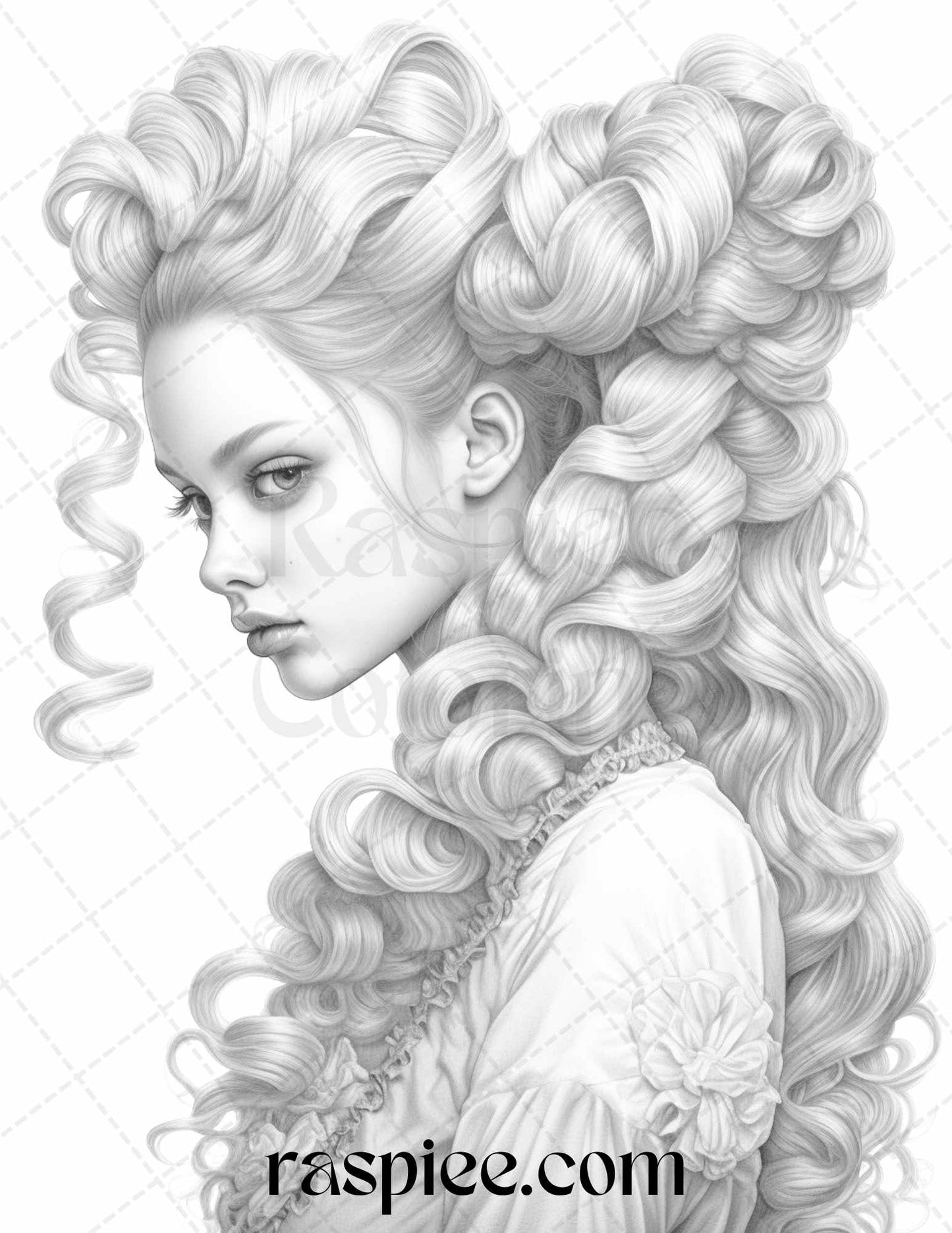Grayscale coloring page of a beautiful hairstyle for adults, Printable grayscale art for stress relief and relaxation, Hairstyle coloring book page for creative therapy, Relaxing grayscale coloring activity for adults