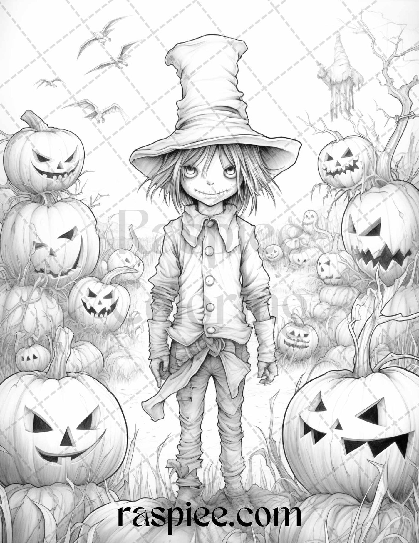 50 Halloween Scarecrows Grayscale Coloring Pages Printable For Adults,