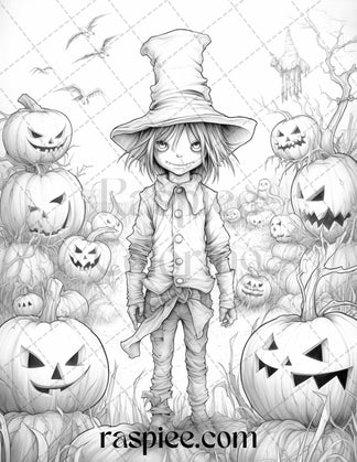 50 Halloween Scarecrows Grayscale Coloring Pages Printable for Adults ...