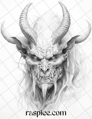 43 Fantasy Demons Grayscale Coloring Pages for Adults, Printable PDF F ...
