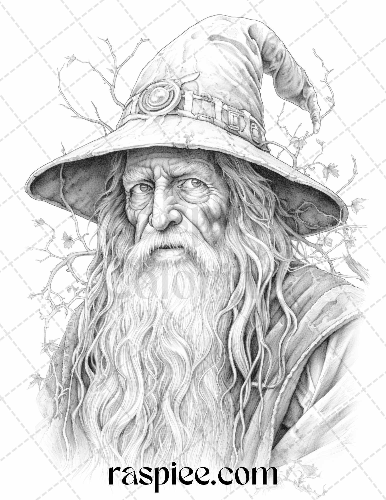 Magical Wizard Grayscale Coloring Pages, Fantays Coloring Pages for Adults, Magical Fantasy Coloring Book Printable, Enchanted fantasy coloring for adults, Wizard coloring pages for adults 