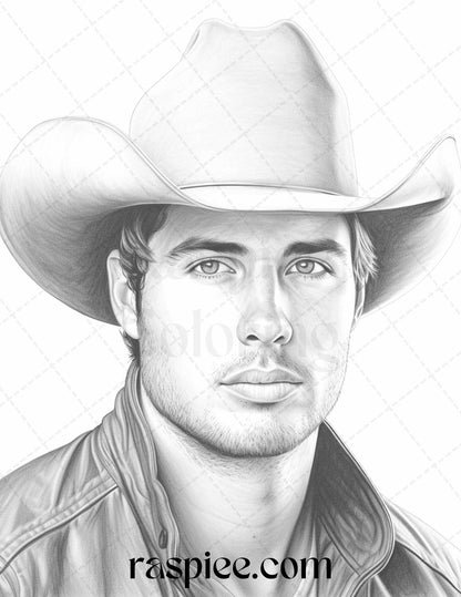 Wild West Cowboys Grayscale Coloring Pages, Printable for Adults Cowboy Illustrations, Western Themed Adult Coloring Book, Vintage Cowboys Black and White Coloring, Instant Download Wild West Illustrations