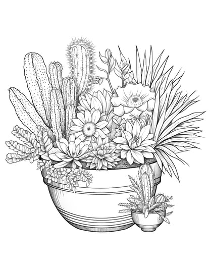 4 Free Printable Cactus Pots Coloring Pages for Adults, Grayscale Coloring Pages, PDF File Instant Download - raspiee