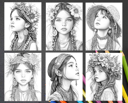 88 Bohemian Little Girls Portrait Adult Coloring Pages