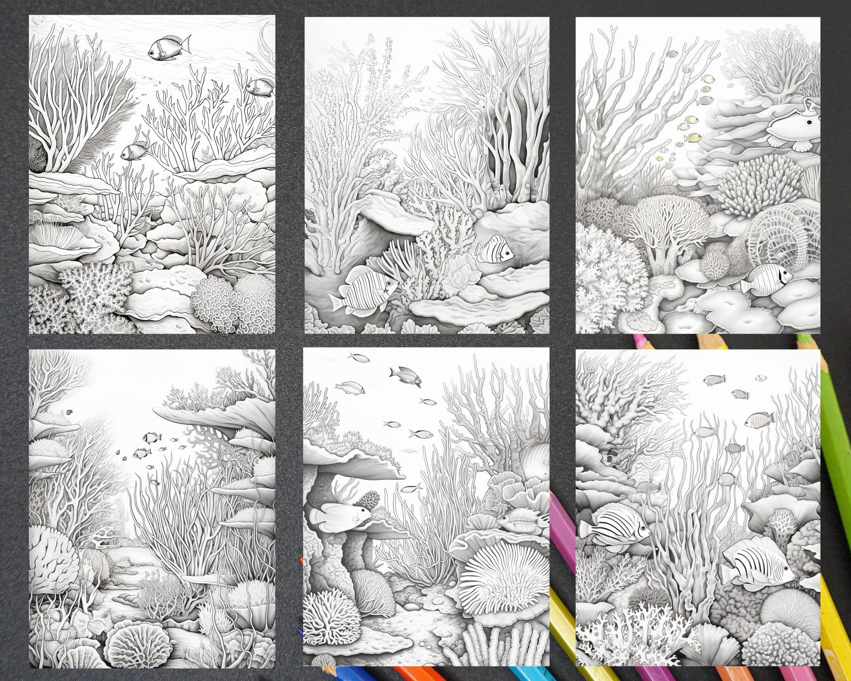40 Colorful Coral Garden Grayscale Adult Coloring Pages, Printable PDF ...