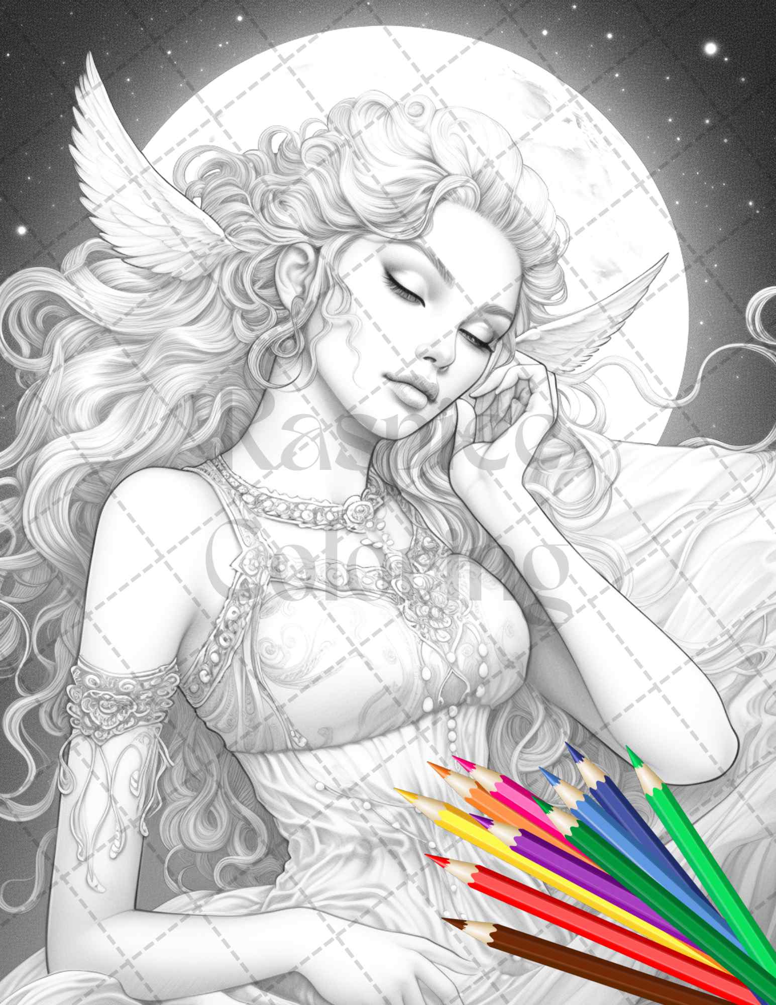 34 Beautiful Moon Fairies Grayscale Coloring Pages Printable for Adults, PDF File Instant Download - raspiee