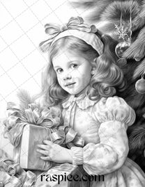 50 Vintage Christmas Girls Grayscale Coloring Pages for Adults and Kid ...