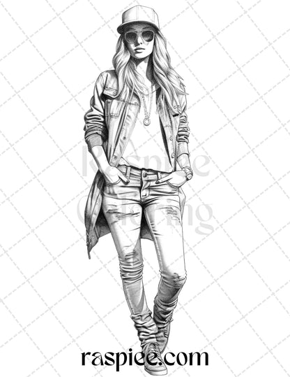 Streetwear fashion grayscale coloring page, Printable adult coloring page, Trendy urban style grayscale art, Fashion illustration coloring printable, Grayscale fashion coloring for adults