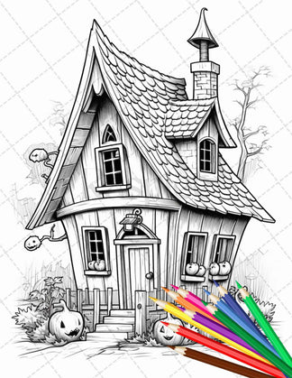 32 Spooky Houses Coloring Pages Printable for Adults, Grayscale Colori ...