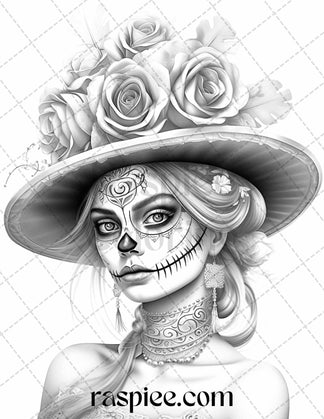 50 Day of the Dead Grayscale Coloring Pages Printable for Adults, PDF