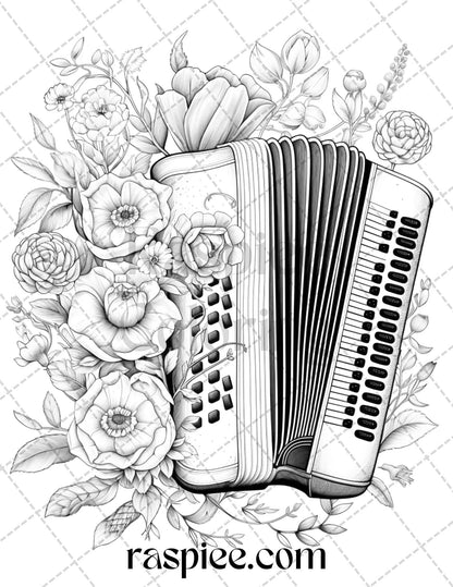 grayscale coloring pages, printable for adults, musical instrument flower coloring, relaxing art therapy, creative coloring activity