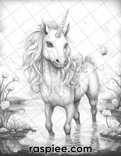 60 Mythical Creatures Grayscale Coloring Pages for Adults, Printable PDF Instant Download