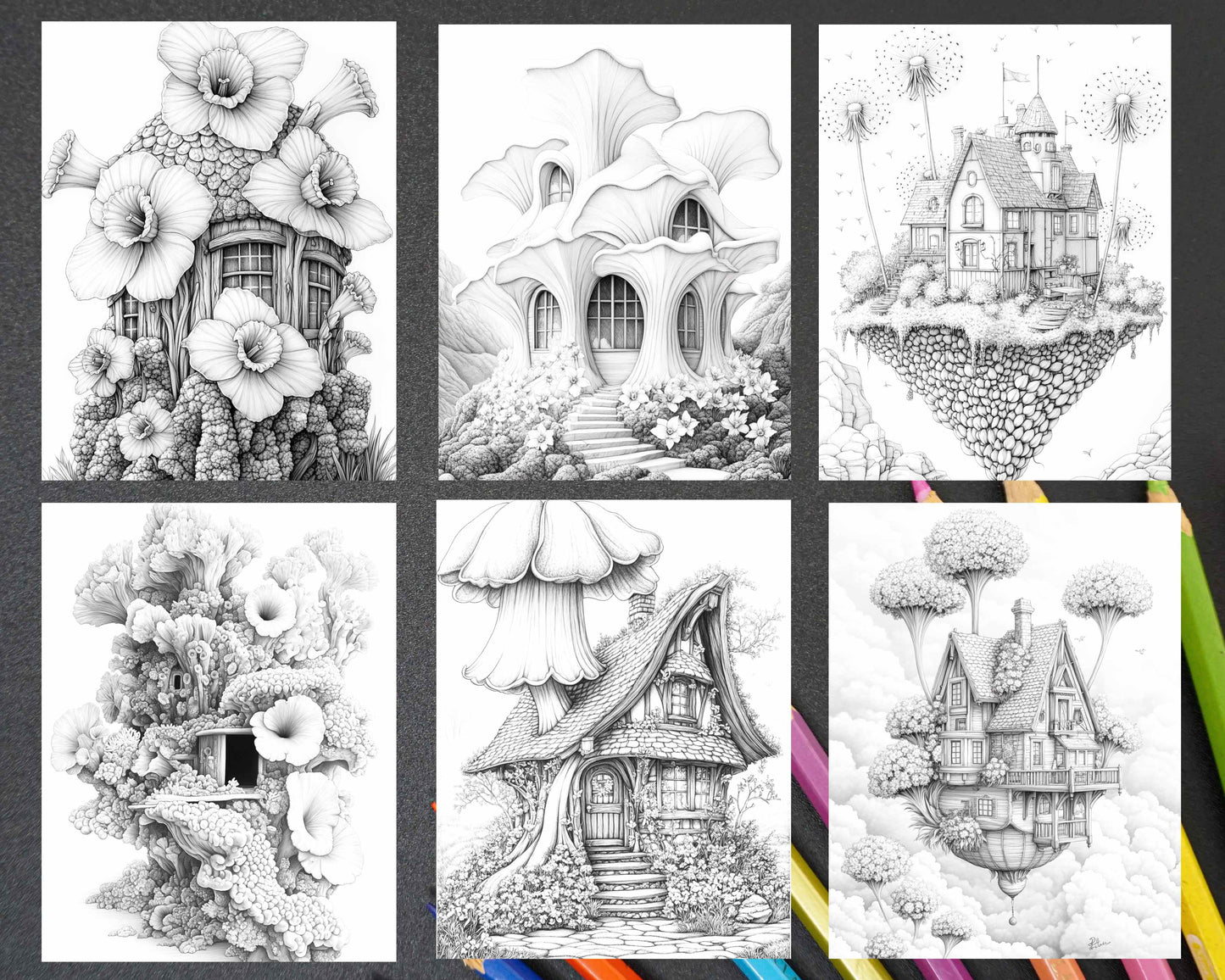 Fantasy Flower Houses Adult Coloring Pages Printable PDF Instant Download