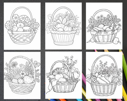 Vegetable Basket Coloring Book for Adults and Kids, 100 Printable Pages PDF Instant Download