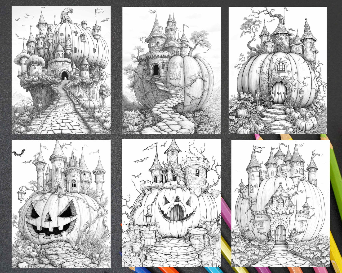 Fantasy Giant Pumpkin Castles Adult Coloring Pages Printable PDF Instant Download - RASPIEE