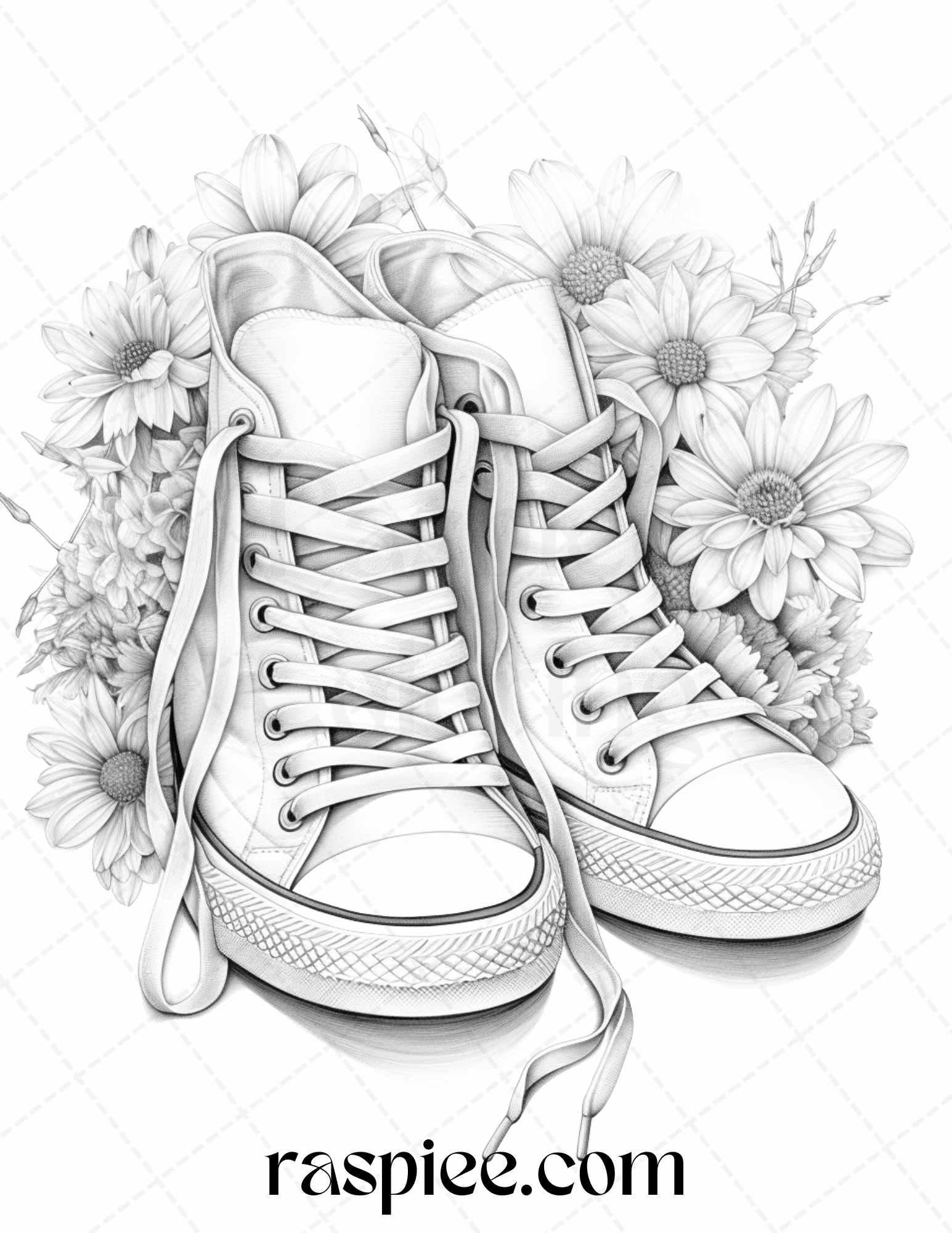 40 Flower Sneakers Grayscale Coloring Pages Printable for Adults, PDF