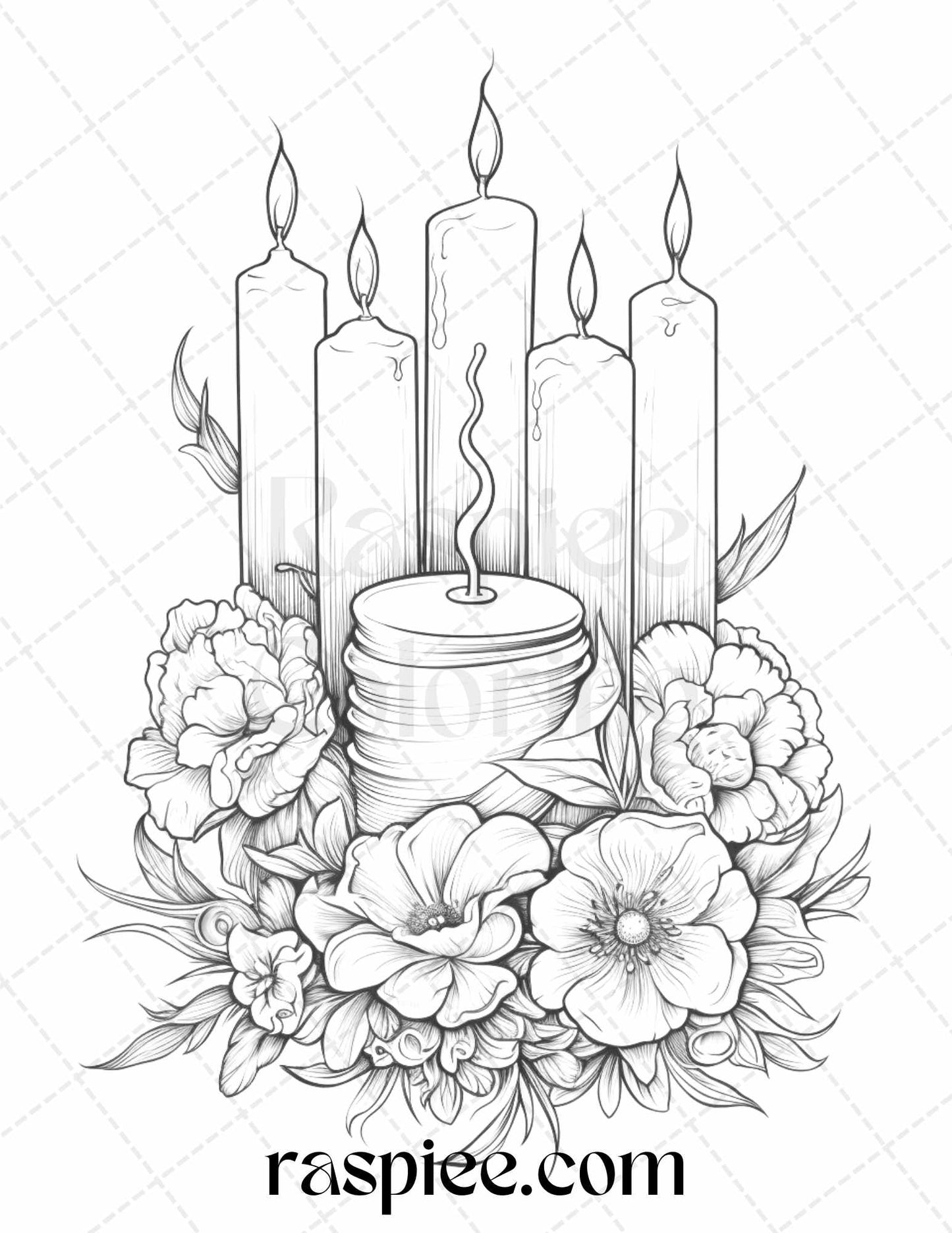 flower candles grayscale coloring pages, printable coloring book for adults, instant download grayscale art, DIY adult coloring, black and white floral coloring, candle drawings for relaxation