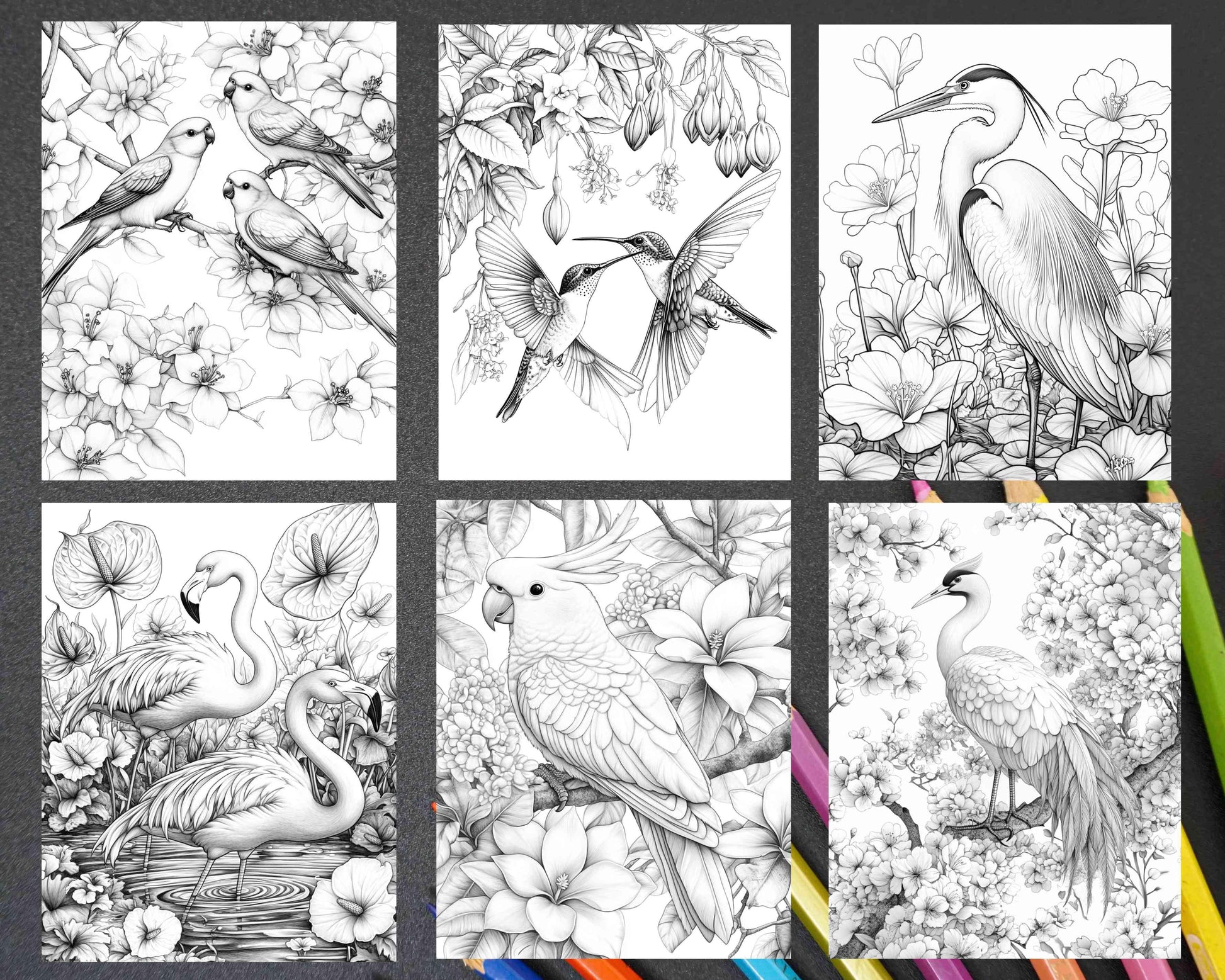 Flowers and Birds Adult Coloring Pages Printable PDF Instant Download - RASPIEE