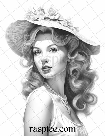 Vintage Pin Up Girls Coloring Pages, Grayscale Printable Art for Adults, Retro Illustrations Coloring Sheets, Vintage Pin-Up Girls Artwork, Printable Adult Coloring Pages, Grayscale Pinup Coloring Book
