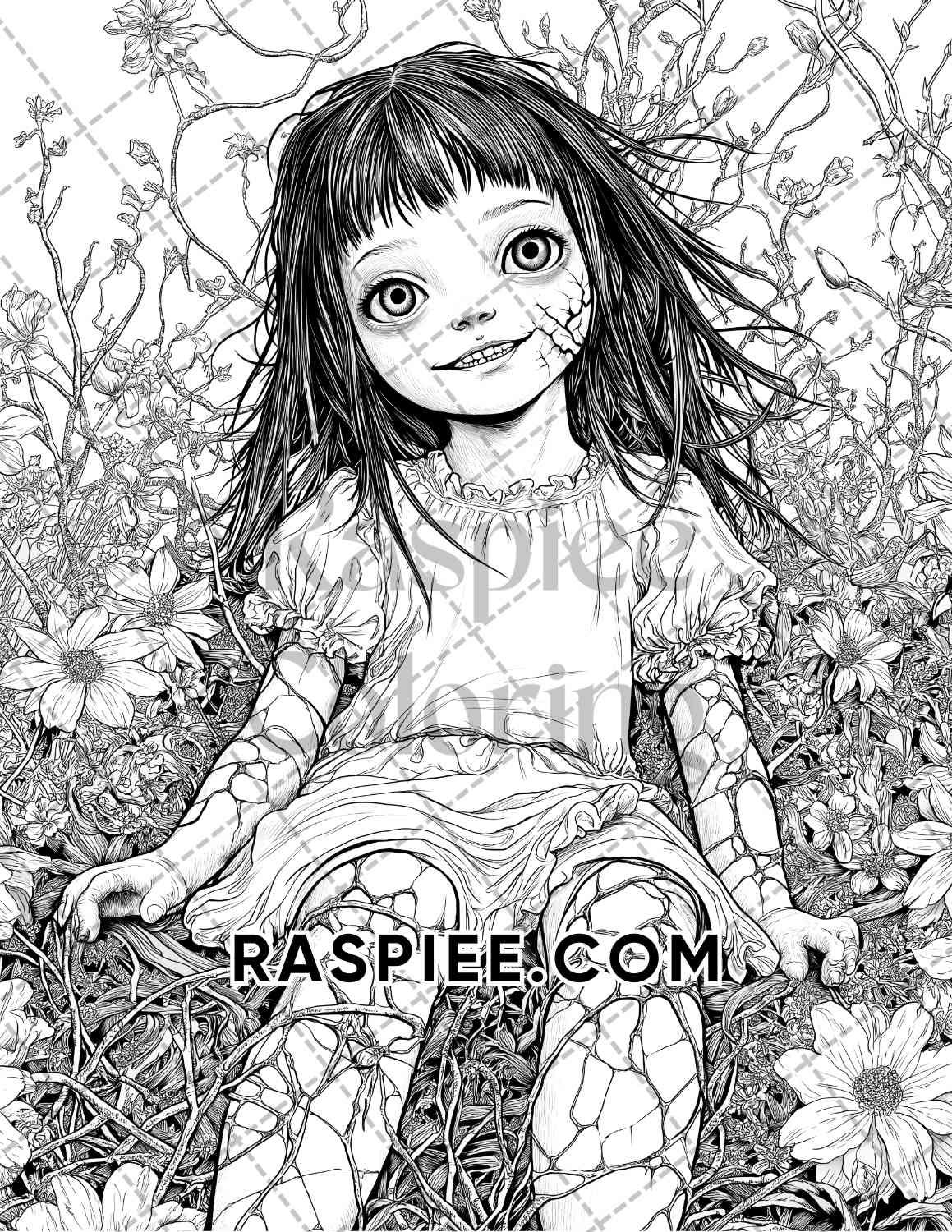 Haunted Dolls Halloween Horror Adult Coloring Pages Printable PDF Instant Download - RASPIEE