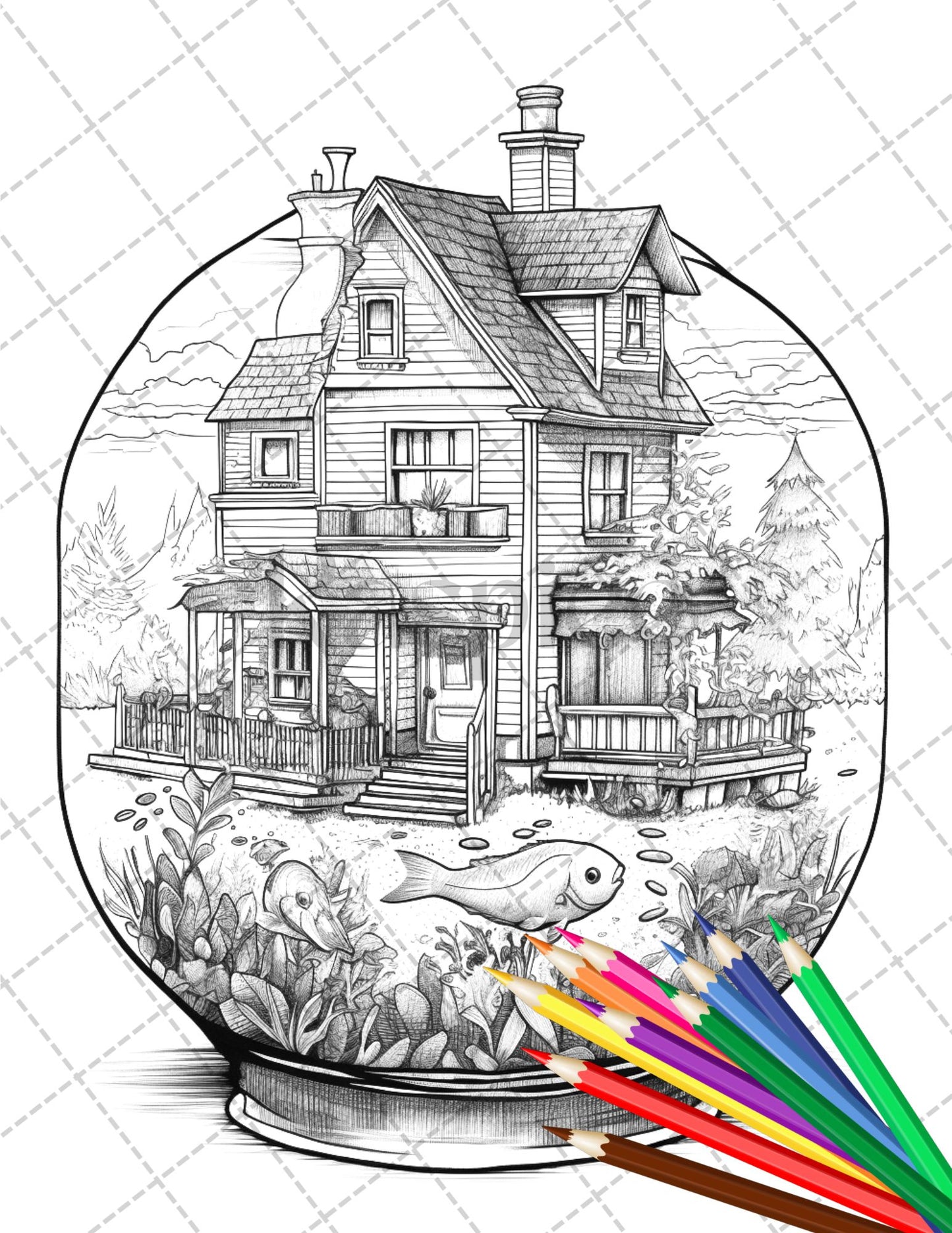 34 Fishtank Houses Coloring Book for Adults, Grayscale Coloring Page, Printable PDF Instant Download - raspiee