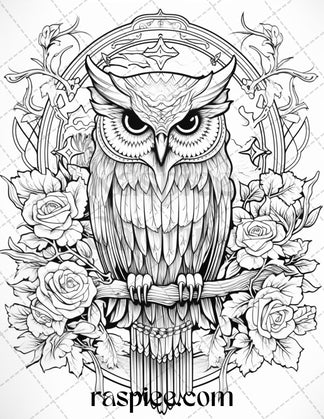 40 Floral Owl Grayscale Printable Coloring Pages for Adults, PDF File ...