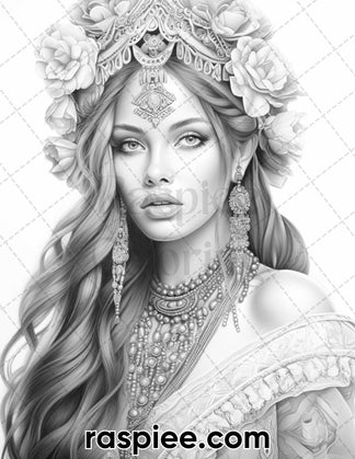 60 Bohemian Beauties Grayscale Coloring Pages for Adults, Printable PD ...