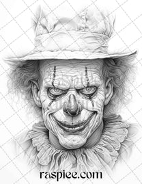 40 Spooky Clowns Grayscale Coloring Pages Printable for Adults, PDF Fi ...