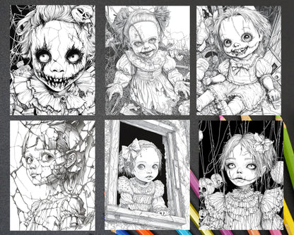 Haunted Dolls Halloween Horror Adult Coloring Pages Printable PDF Instant Download - RASPIEE