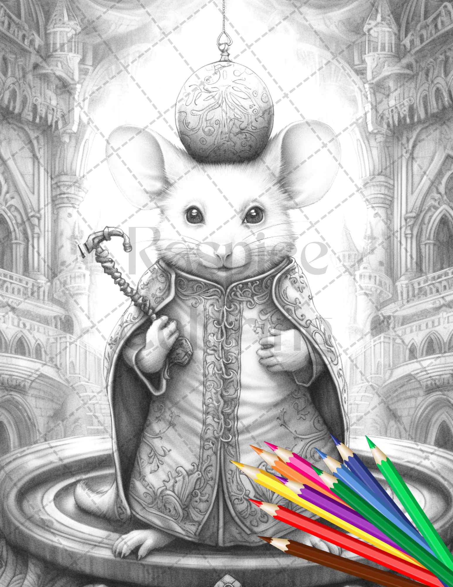 grayscale coloring pages printable, little mouse prince coloring pages, adult coloring art, stress relief grayscale illustrations, intricate grayscale designs, animal coloring pages for adults