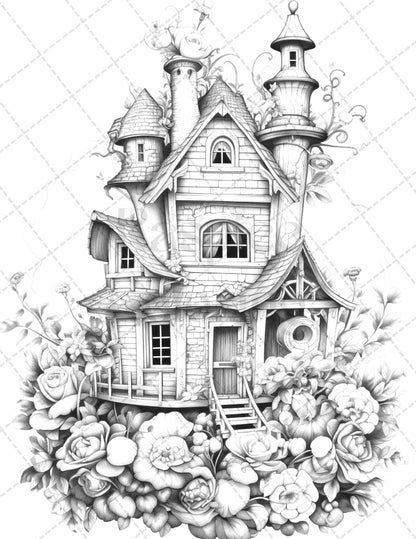 60 Flower Houses Grayscale Coloring Pages Printable for Adults, PDF File Instant Download - raspiee