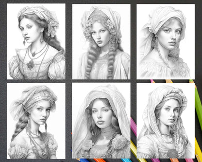 Renaissance Beauties Grayscale Coloring Pages, Adult Coloring Printable, Intricate Art for Coloring, Stress Relief Coloring Sheets, Portrait Coloring Pages, History Coloring Pages, Women Portrait Coloring Pages