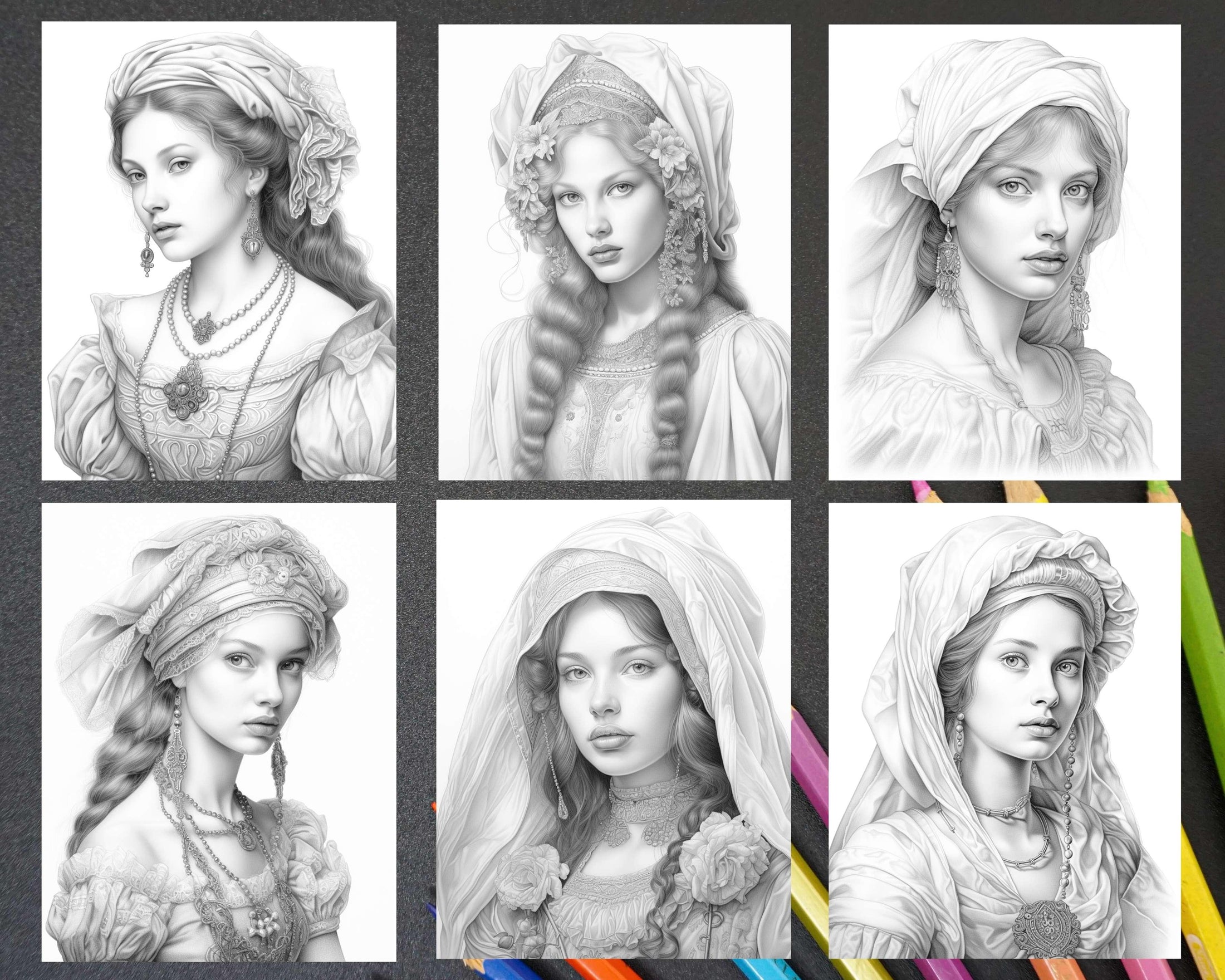 65 Renaissance Beauties Grayscale Coloring Pages For Adults, Printable 