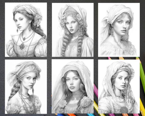 65 Renaissance Beauties Grayscale Coloring Pages for Adults, Printable ...