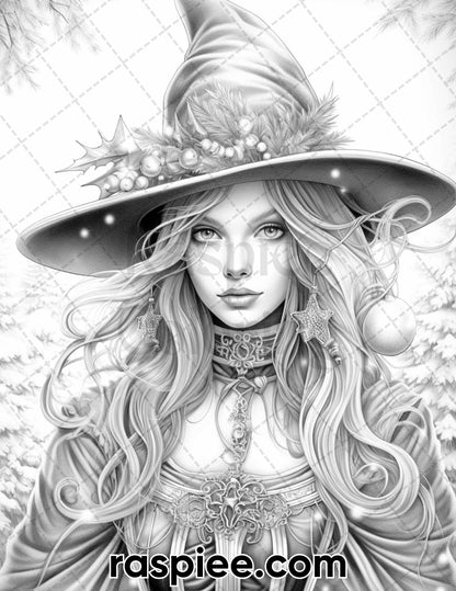 Christmas Witch Coloring Pages, adult coloring pages, adult coloring book, christmas coloring pages for adults, christmas coloring sheets, christmas coloring book, winter coloring pages for adults, portrait coloring pages for adults, xmas coloring pages