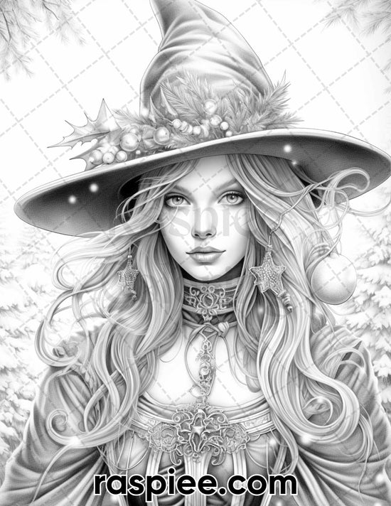 50 Christmas Witch Grayscale Coloring Pages for Adults, Printable PDF ...