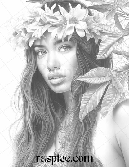 Hawaiian Girls Grayscale Coloring Pages, Hawaiian Girls Illustrations for Coloring, Adult Coloring Pages for Relaxing, Hawaiian Culture Artwork for Coloring, Relaxing Hawaiian Girls Coloring, Summer Coloring Pages for Adults
