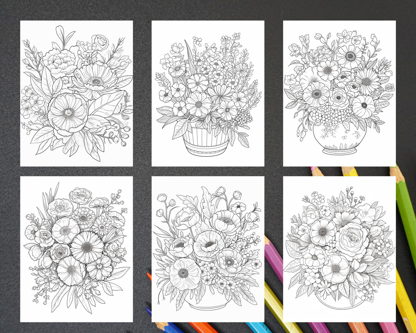 100 Printable Flower Vase Coloring Pages for Adults, Floral Grayscale Coloring Book, Printable PDF File Download - raspiee