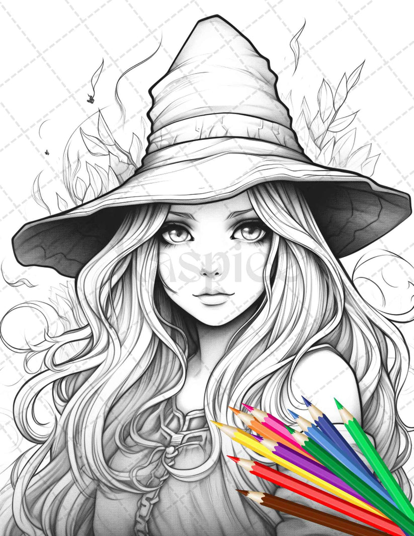 40 Cute Witches Coloring Pages Printable for Adults, Grayscale Colorin