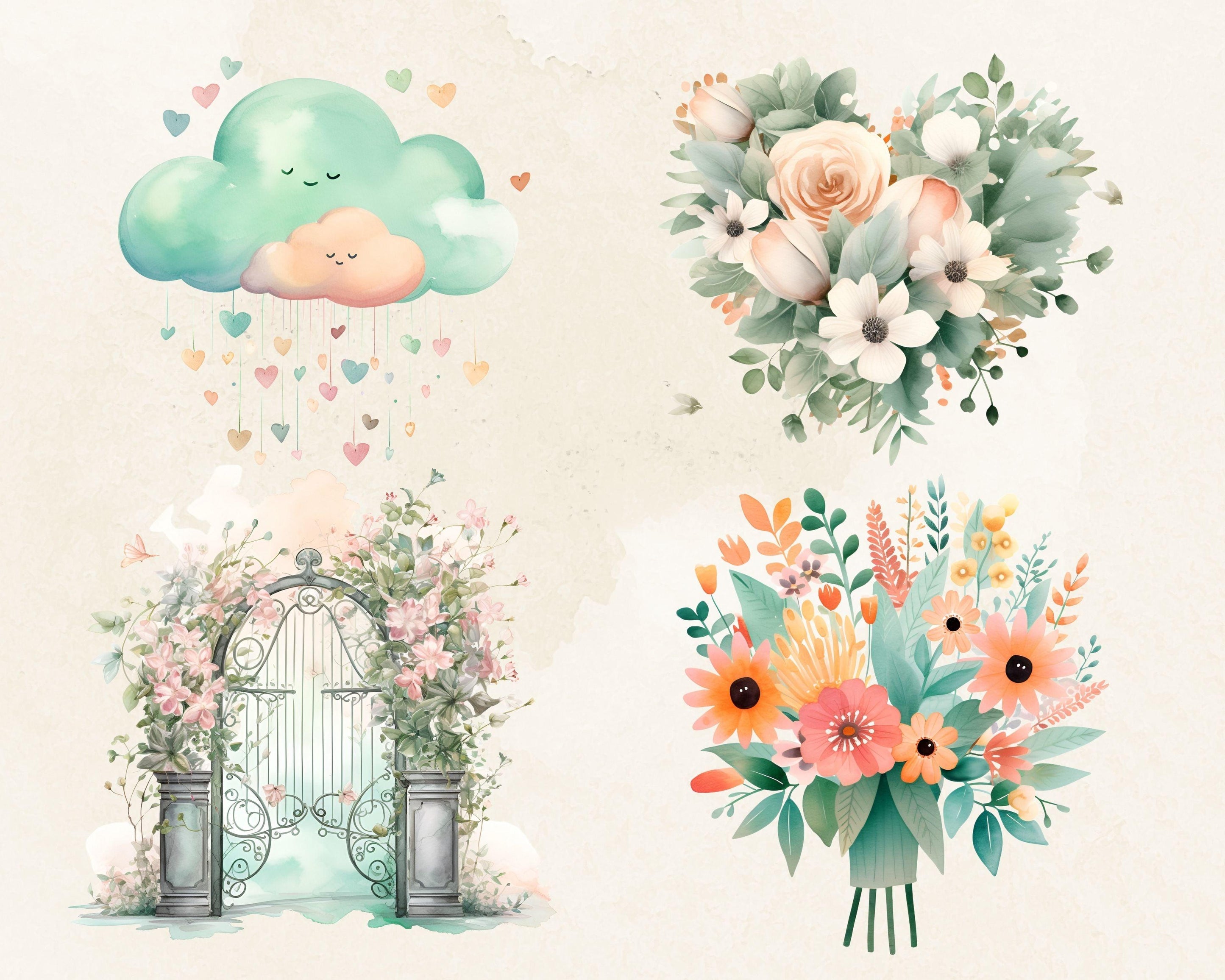 Happy Spring Watercolor Clipart Bundle, 24 PNG High-Res Files for Comm ...