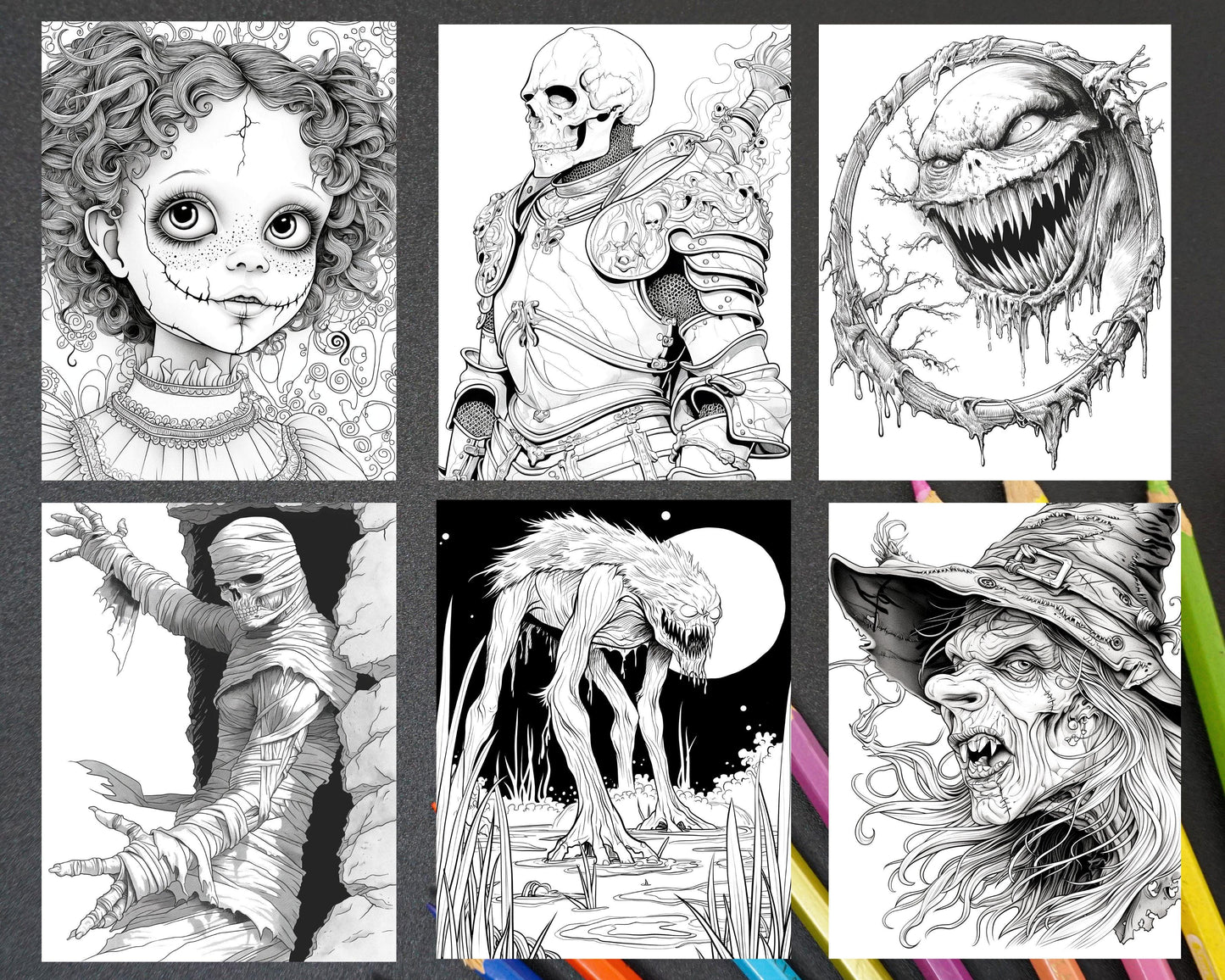 50 Spooky Monsters Halloween Adult Coloring Pages Printable PDF Instant Download - RASPIEE