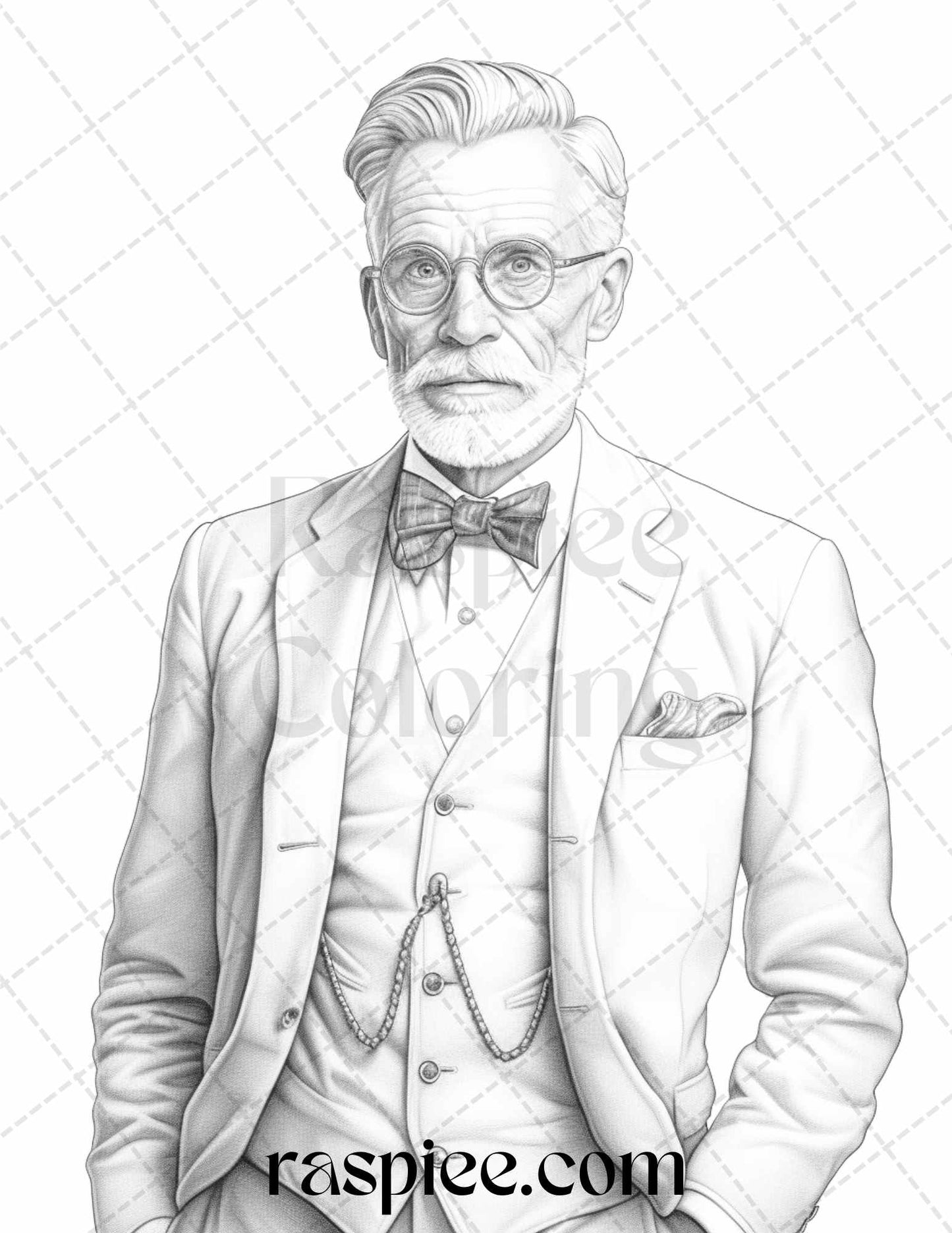 grayscale coloring pages, vintage gentlemen coloring, adult printable art, grayscale illustrations, portrait coloring pages for adults