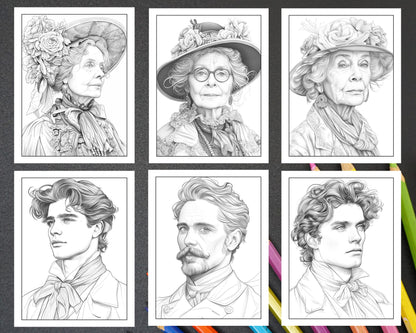 50 Victorian Portrait Adult Coloring Pages Printable PDF Instant Download