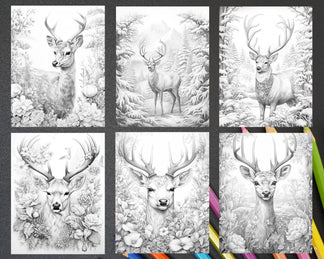 50 Christmas Deer Grayscale Coloring Pages for Adults, Printable PDF I ...