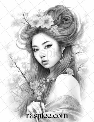 40 Beautiful Japanese Girls Grayscale Coloring Pages Printable for Adu ...