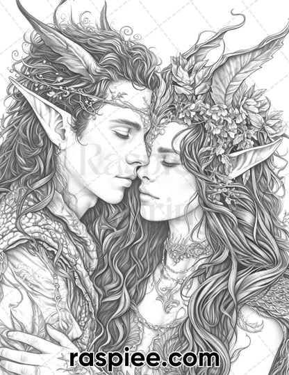 adult coloring pages, adult coloring sheets, adult coloring book pdf, adult coloring book printable, grayscale coloring pages, grayscale coloring books, fantasy coloring pages for adults, fantasy coloring book, portrait landscapes coloring pages, portrait coloring book, Romantic Elf Couple Portraits Adult Coloring Page