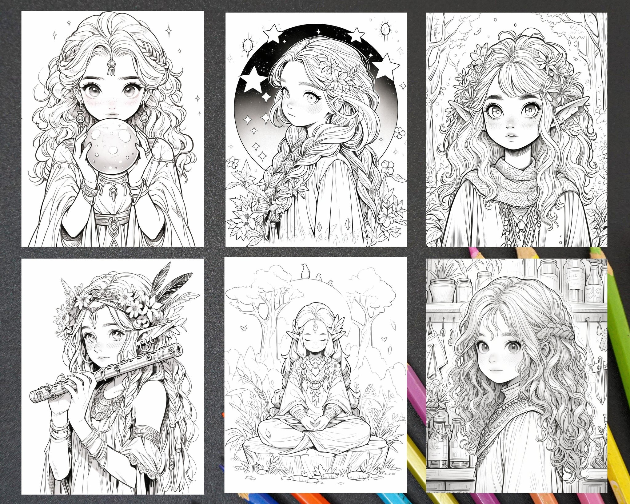 52 Cute Druid Girl Grayscale Coloring Pages for Adults, Printable PDF ...