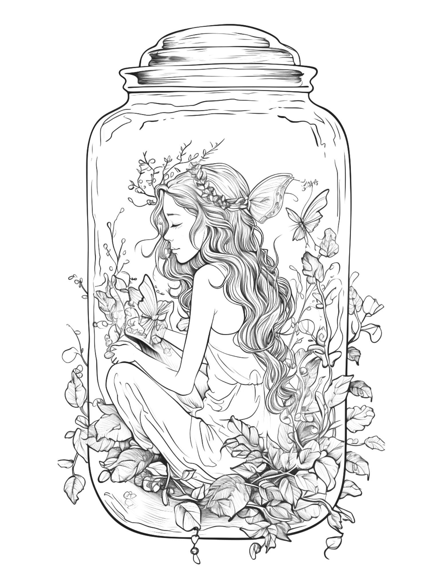 Fairy Girl in Jar Coloring Pages for Adults, Free Printable PDF Instant Download - raspiee
