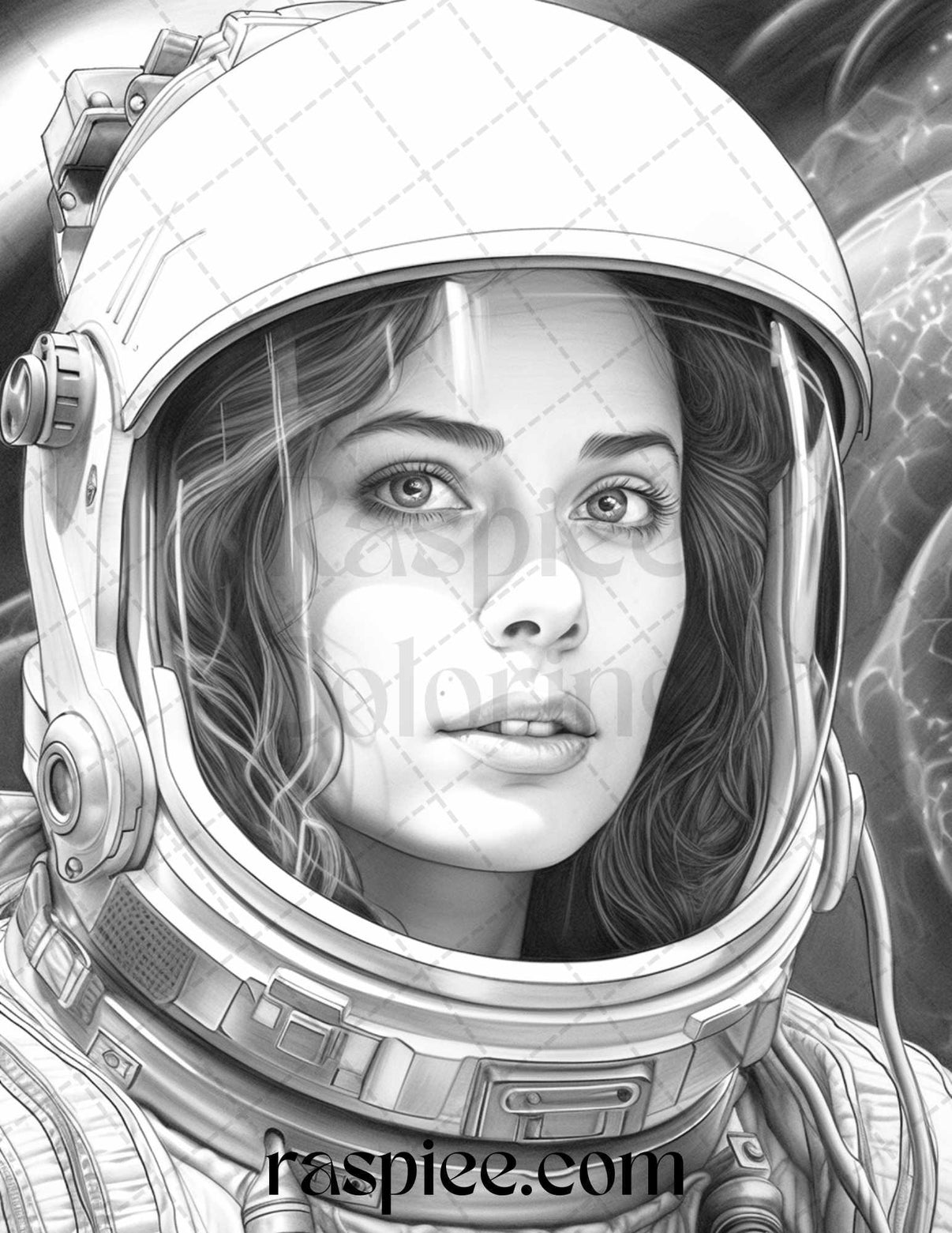 50 Astronaut Girl Portrait Grayscale Coloring Pages Printable for Adul