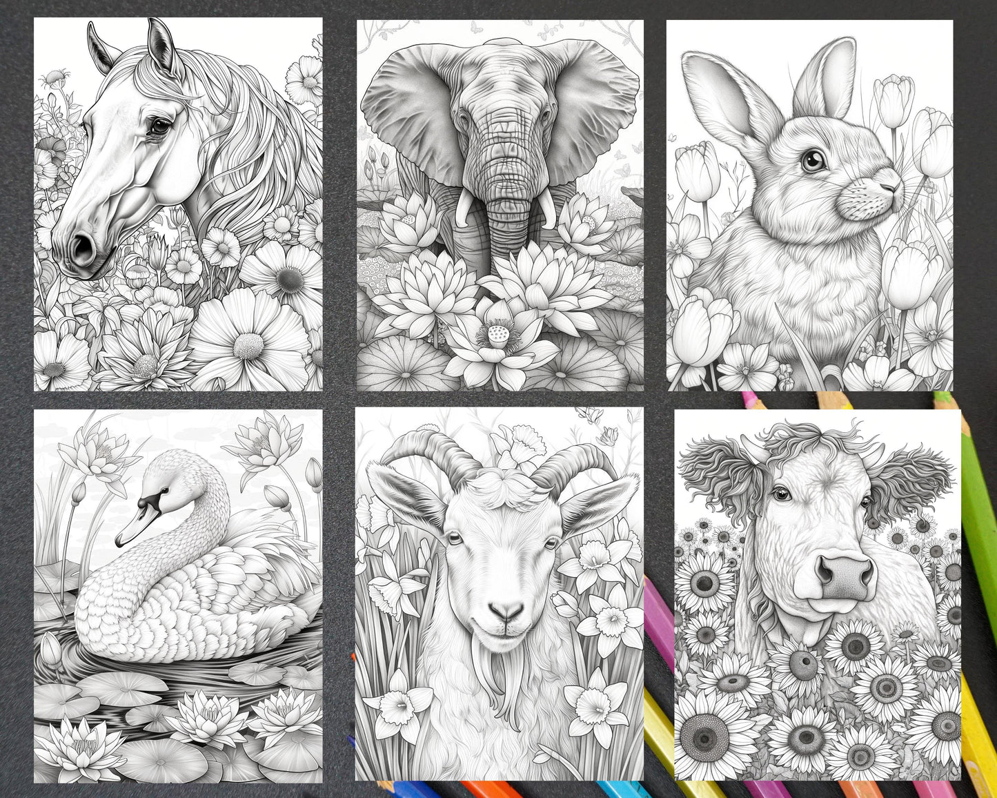 75 Animals in Flowers Grayscale Adult Coloring Pages Printable PDF Instant Download - RASPIEE